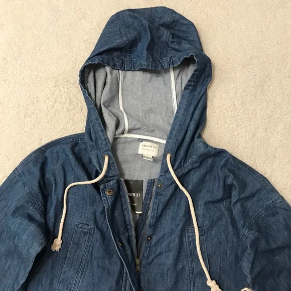 SOLD Forever 21 Denim Hoodie Jacket Oversized Parka Blue Pit to Pit 21” Size XS - Picture 6 of 16
